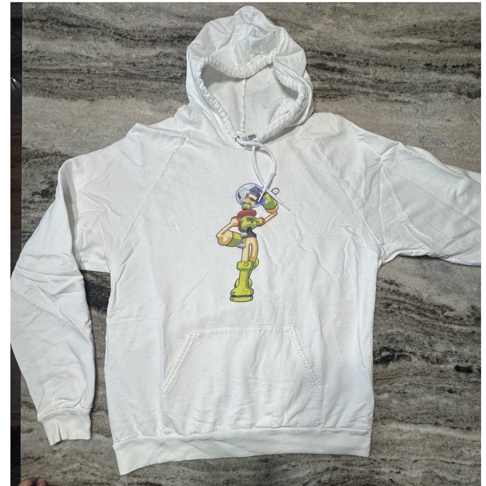 American Apparel Hoodie Mens L Robot Graphic White Cotton Fleece Made in USA Y2K